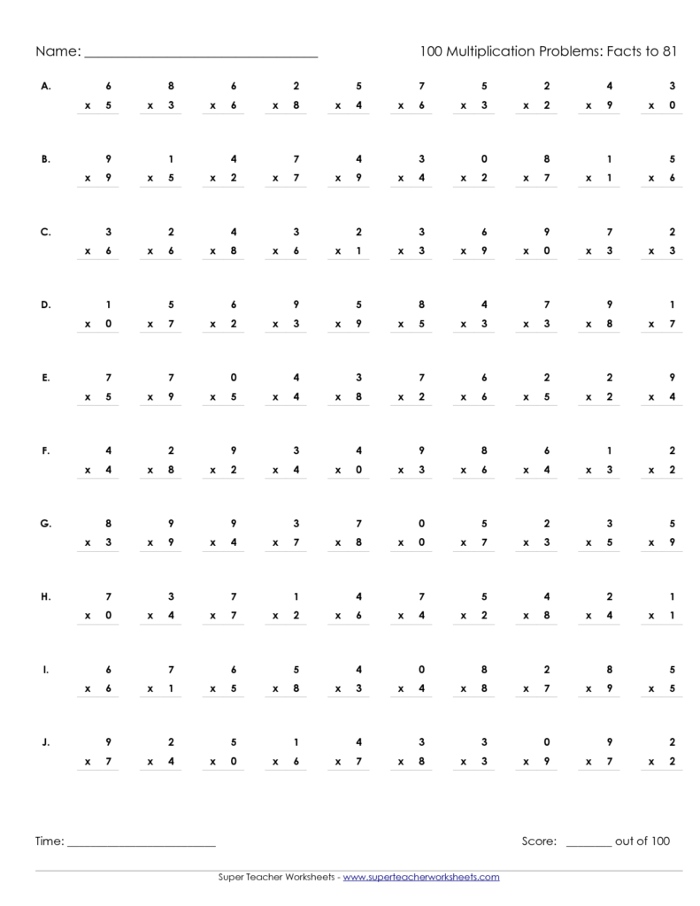Printable Multiplication Worksheets 100 Problems Intended For Printable Multiplication Practice Test