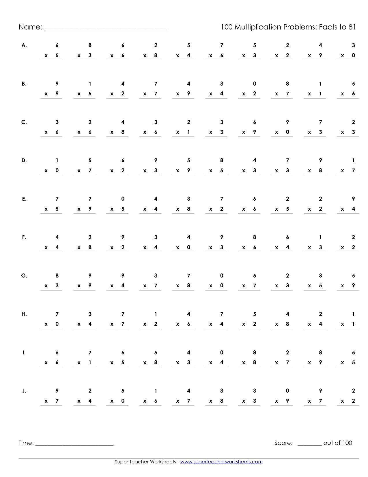Printable Multiplication Worksheets 100 Problems throughout Printable Multiplication Sheets 100 Problems