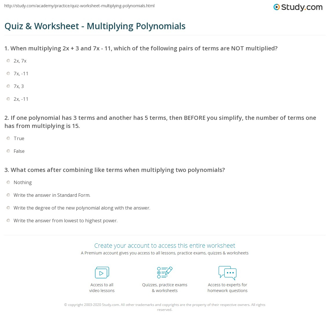 Quiz &amp; Worksheet - Multiplying Polynomials | Study for Worksheets About Multiplication Of Polynomials