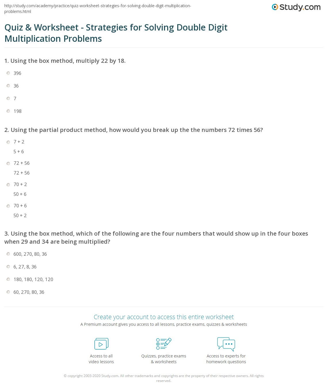 Quiz &amp; Worksheet - Strategies For Solving Double Digit throughout Multiplication Worksheets Quiz
