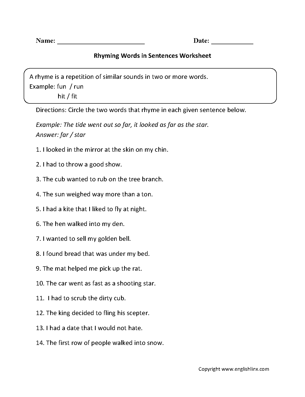 Rhyming Words In Sentences Worksheet | Rhyming Words inside Printable Multiplication Rhymes