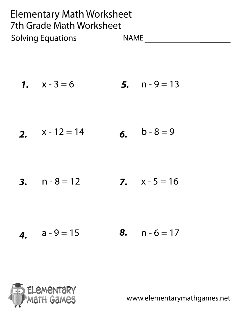Seventh Grade Solving Equations Worksheet Printable within Free Printable Multiplication Worksheets 7Th Grade
