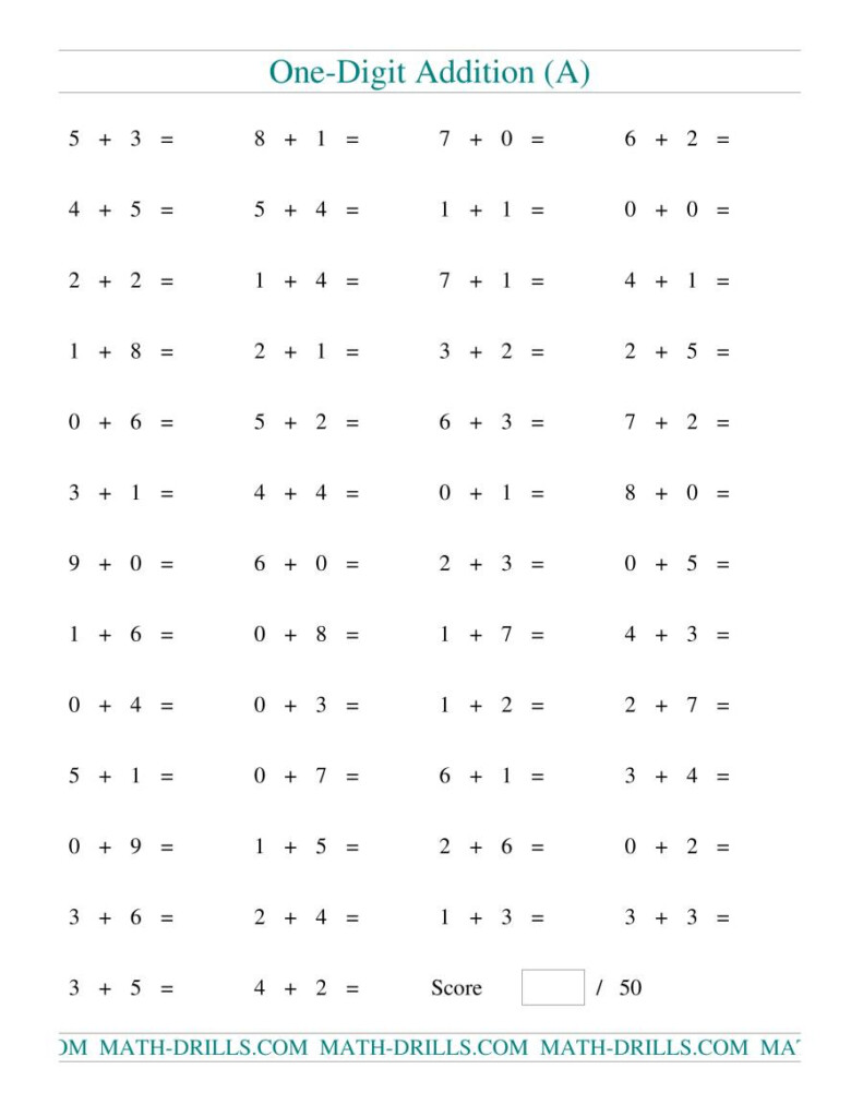 Single Digit Addition    50 Horizontal Questions (A) Pertaining To Printable Multiplication Test 50 Questions