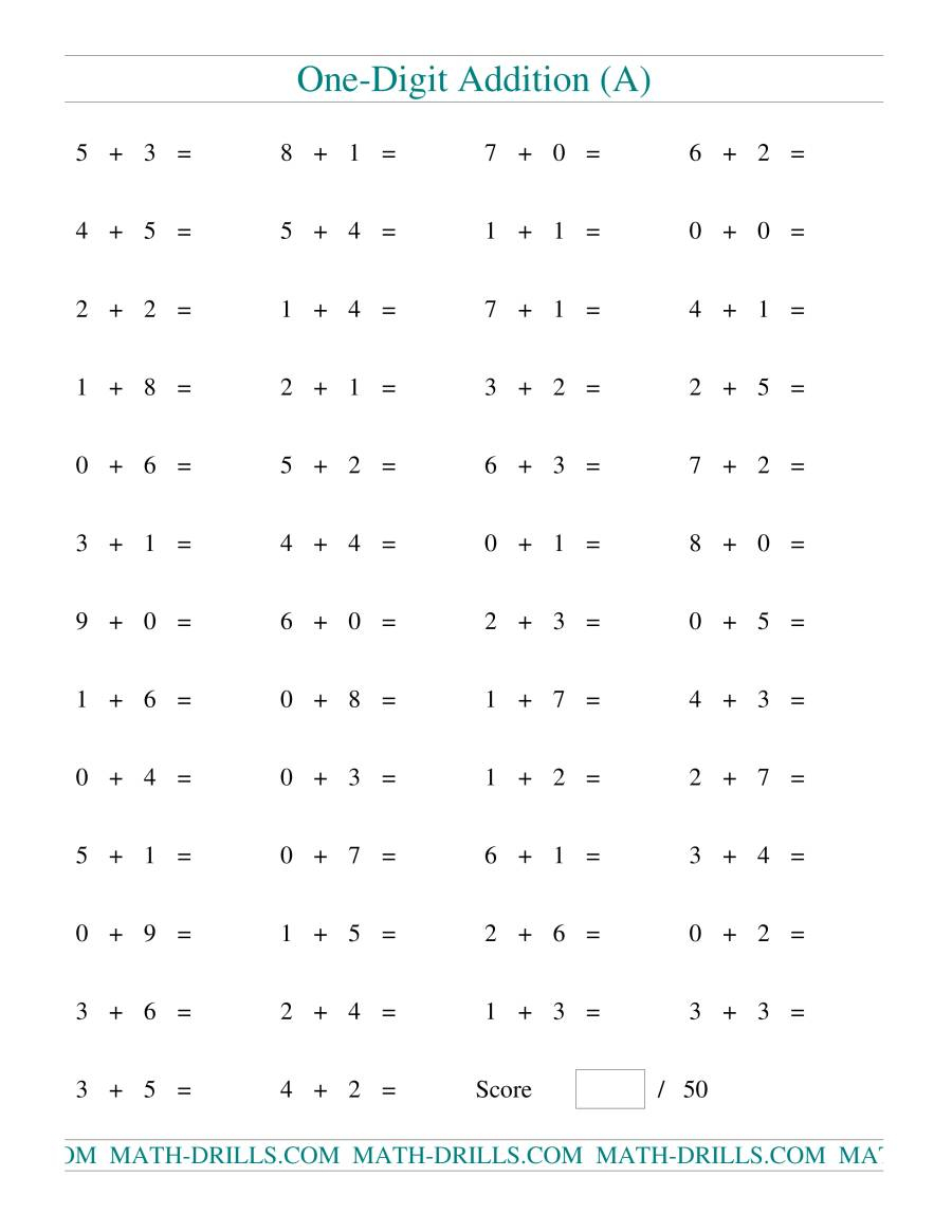 Single Digit Addition -- 50 Horizontal Questions (A) pertaining to Printable Multiplication Test 50 Questions
