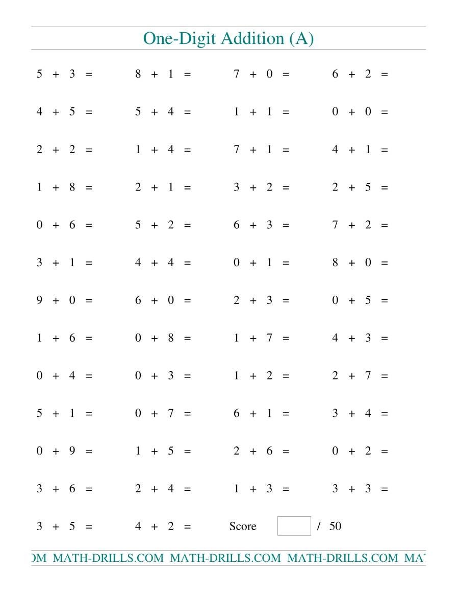 Single Digit Addition — 50 Horizontal Questions (A) pertaining to Printable Multiplication Test 50 Questions Single Digit Addition -- 50 Horizontal Questions (A) pertaining to Printable Multiplication Test 50 Questions