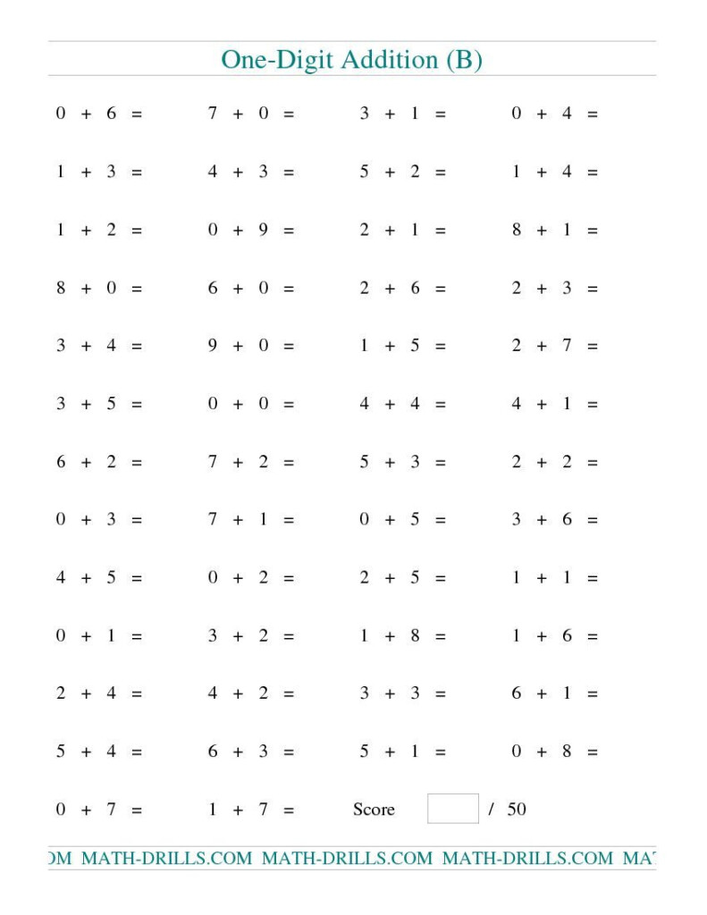 Single Digit Addition    50 Horizontal Questions (B) | Math Within Printable Multiplication Test 50 Questions