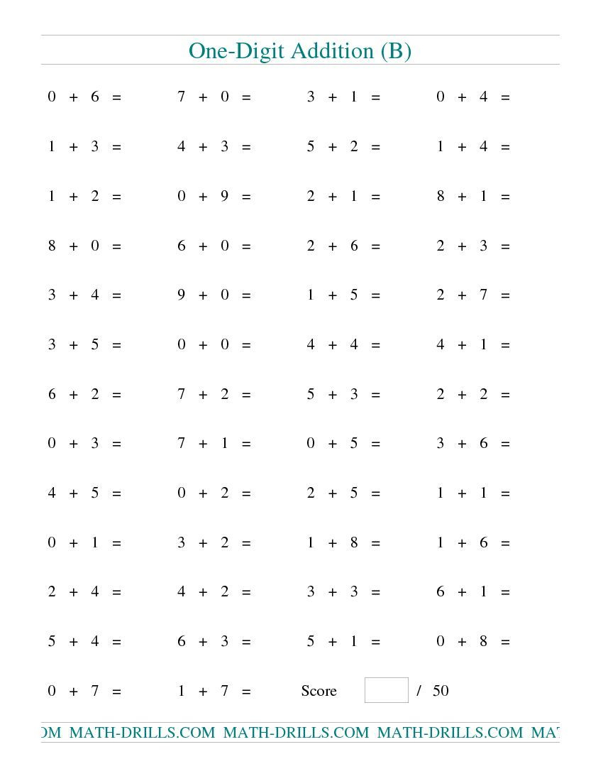 Single Digit Addition -- 50 Horizontal Questions (B) | Math within Printable Multiplication Test 50 Questions