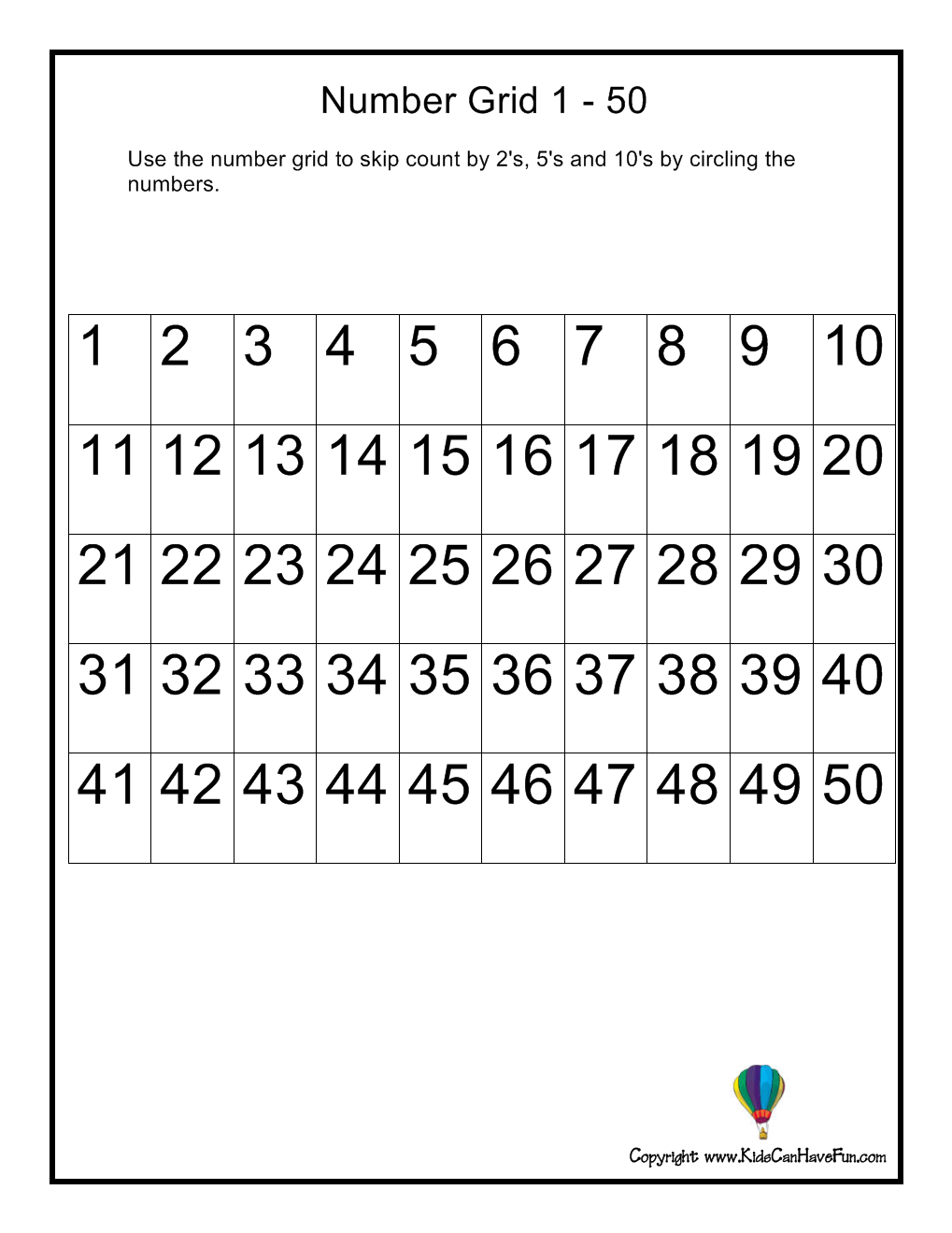 Skip Counting Number Grid 1- 50 Http://www.kidscanhavefun pertaining to Printable 50 Multiplication Facts Test
