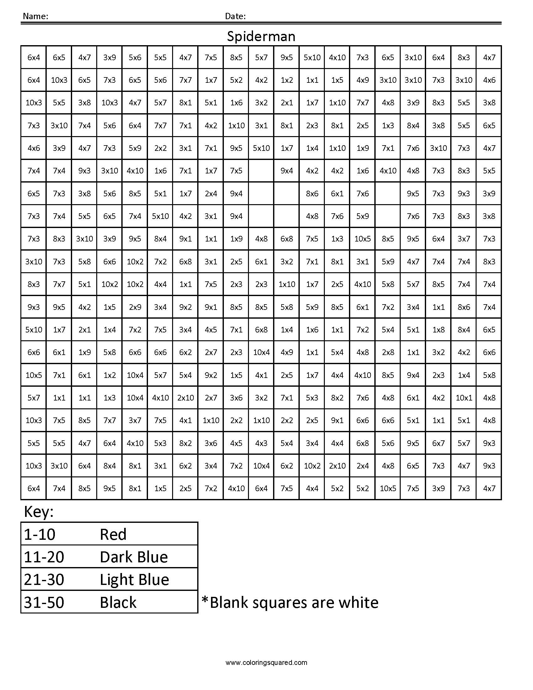 Spiderman- Basic Multiplication - Coloring Squared within Printable Multiplication Squares
