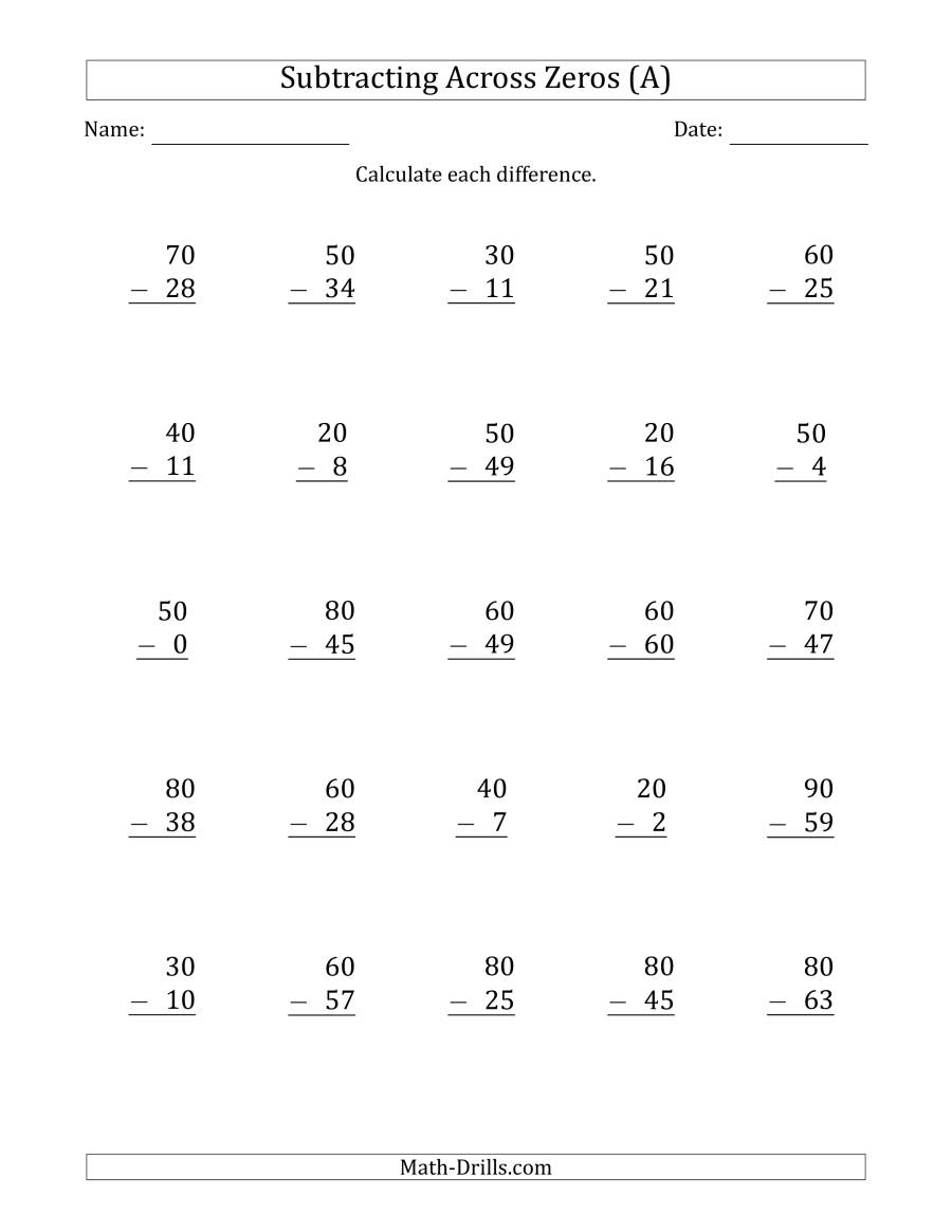Subtracting Across Zeros From Multiples Of 10 (A) with regard to Multiplication Worksheets Multiples Of 10