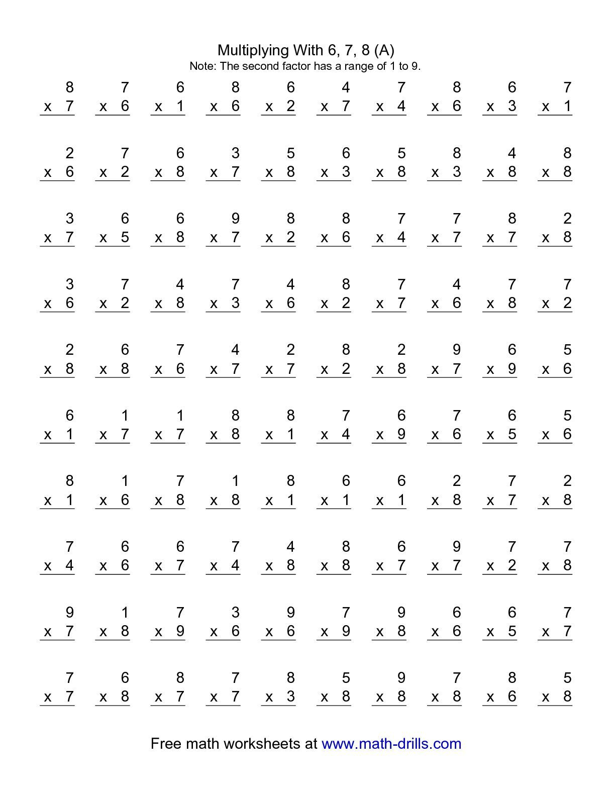 The 100 Vertical Questions -- Multiplication Facts -- 6-8 for Multiplication Worksheets Number 6