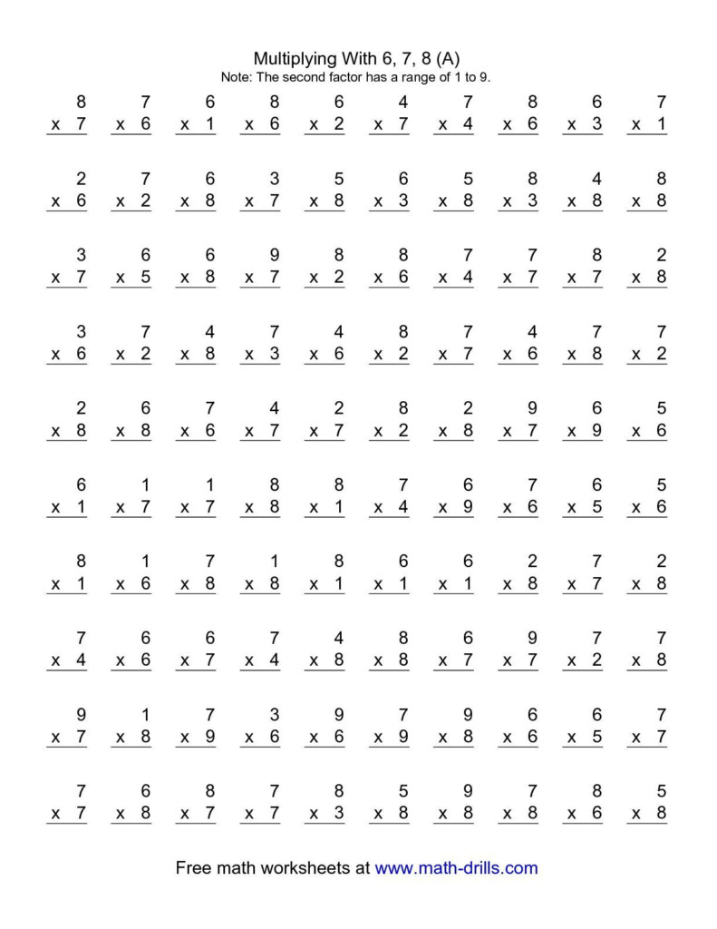 The 100 Vertical Questions -- Multiplication Facts -- 6-8 regarding Printable Multiplication Math Facts