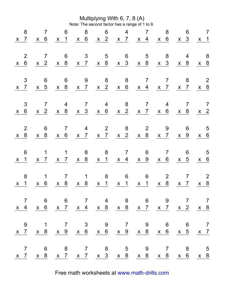 The 100 Vertical Questions    Multiplication Facts    6 8 Within Printable Multiplication Worksheets 1 9