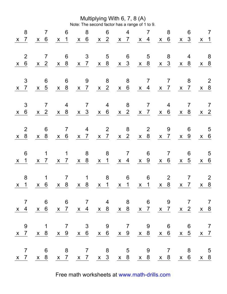 The 100 Vertical Questions Multiplication Facts 6 8 Within Printable Multiplication Worksheets 1 9 The 100 Vertical Questions Multiplication Facts 6 8 Within Printable Multiplication Worksheets 1 9