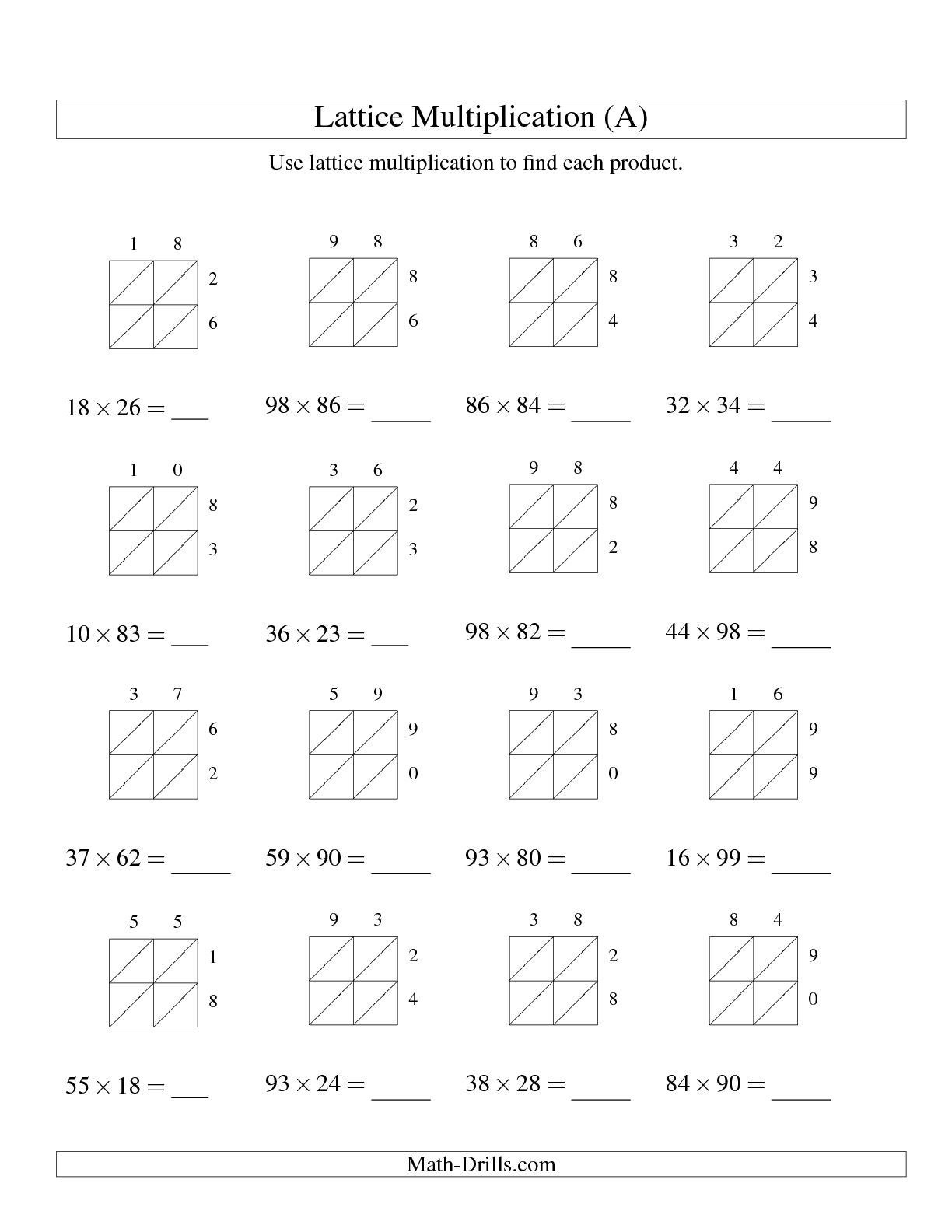 The 2-Digit2-Digit Lattice Multiplication (A) Math intended for Printable Lattice Multiplication Worksheets