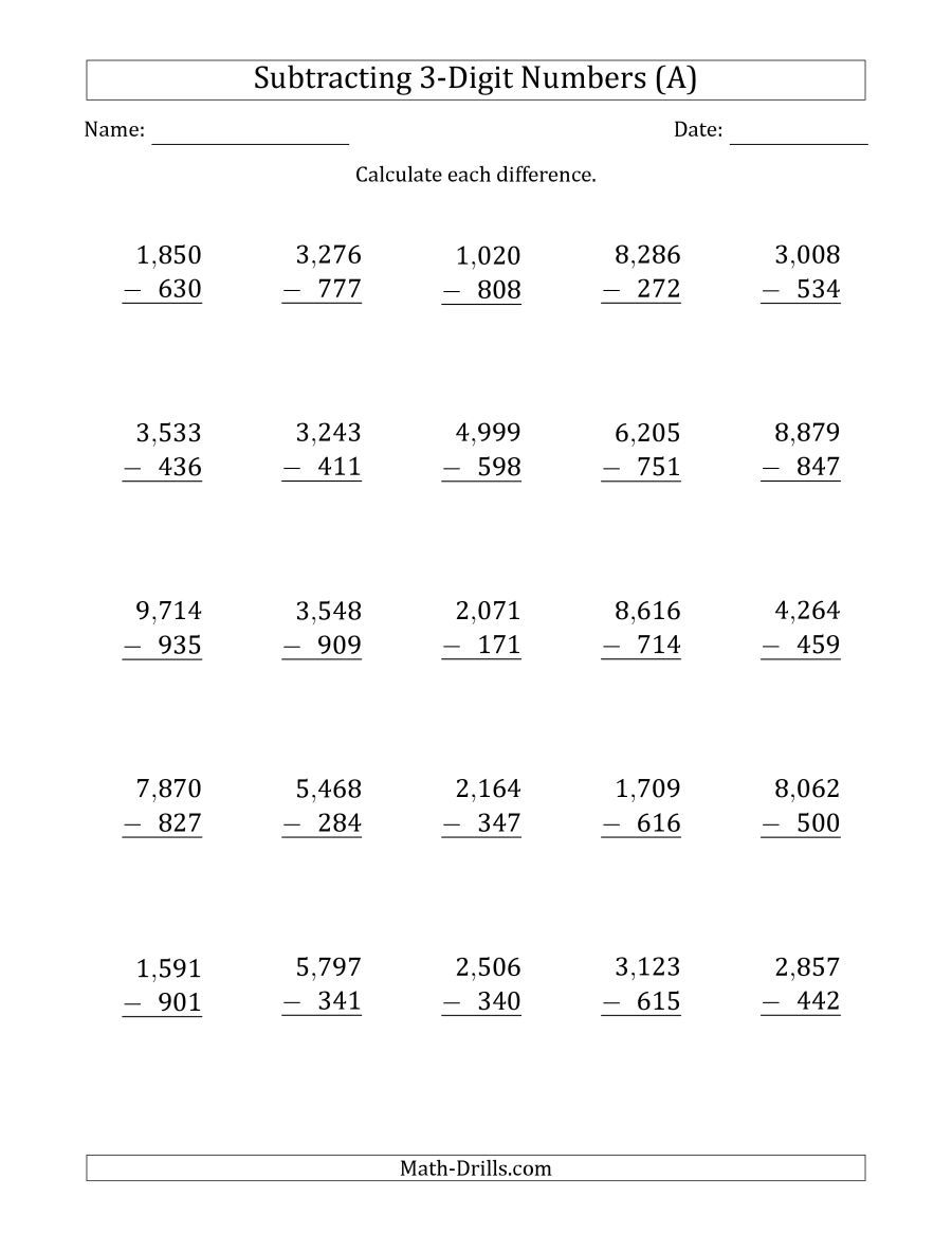 The 4-Digit Minus 3-Digit Subtraction With Comma-Separated regarding Multiplication Worksheets 3&amp;#039;s And 4&amp;#039;s