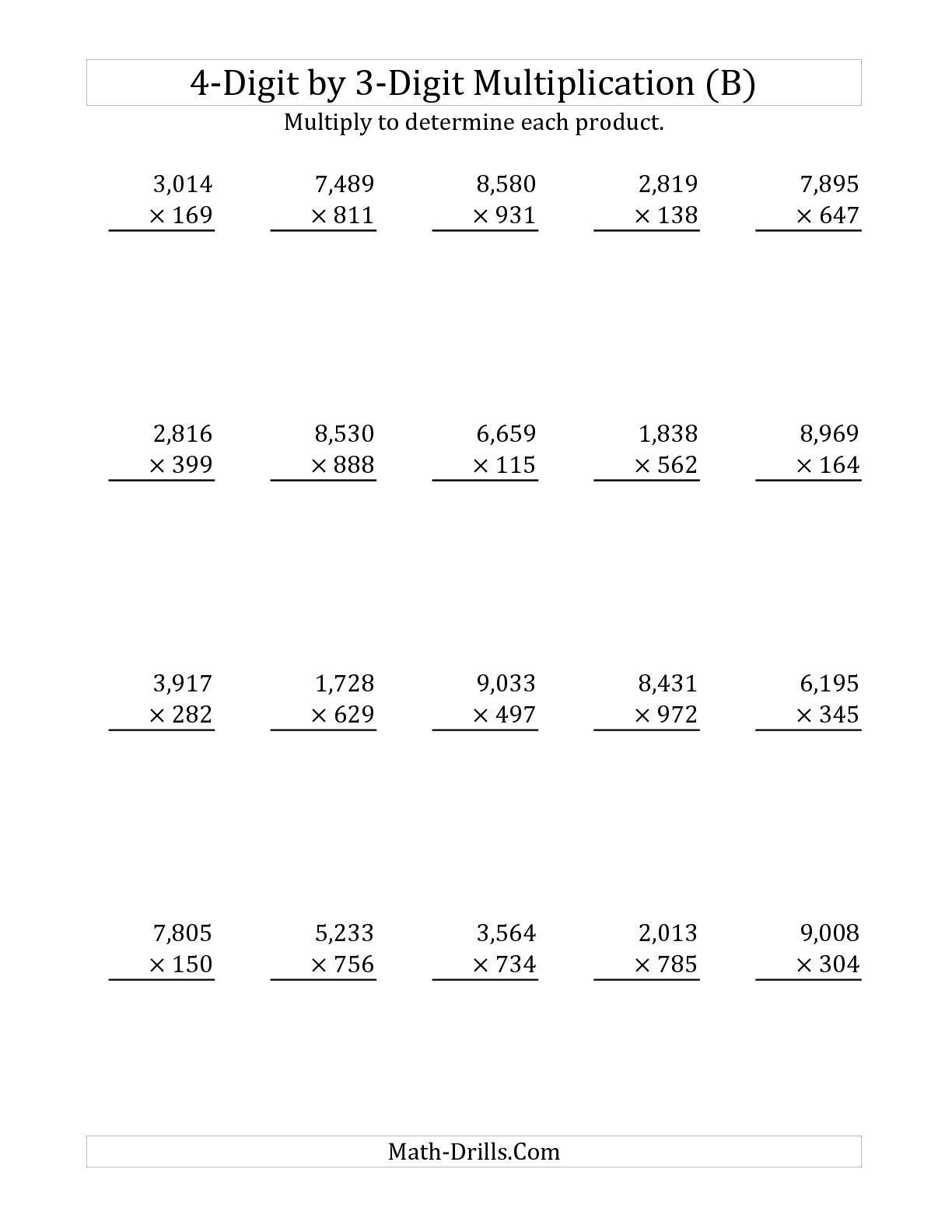 The 4-Digit3-Digit Multiplication (B) Long pertaining to Multiplication Worksheets 4 Digits The 4-Digit3-Digit Multiplication (B) Long pertaining to Multiplication Worksheets 4 Digits