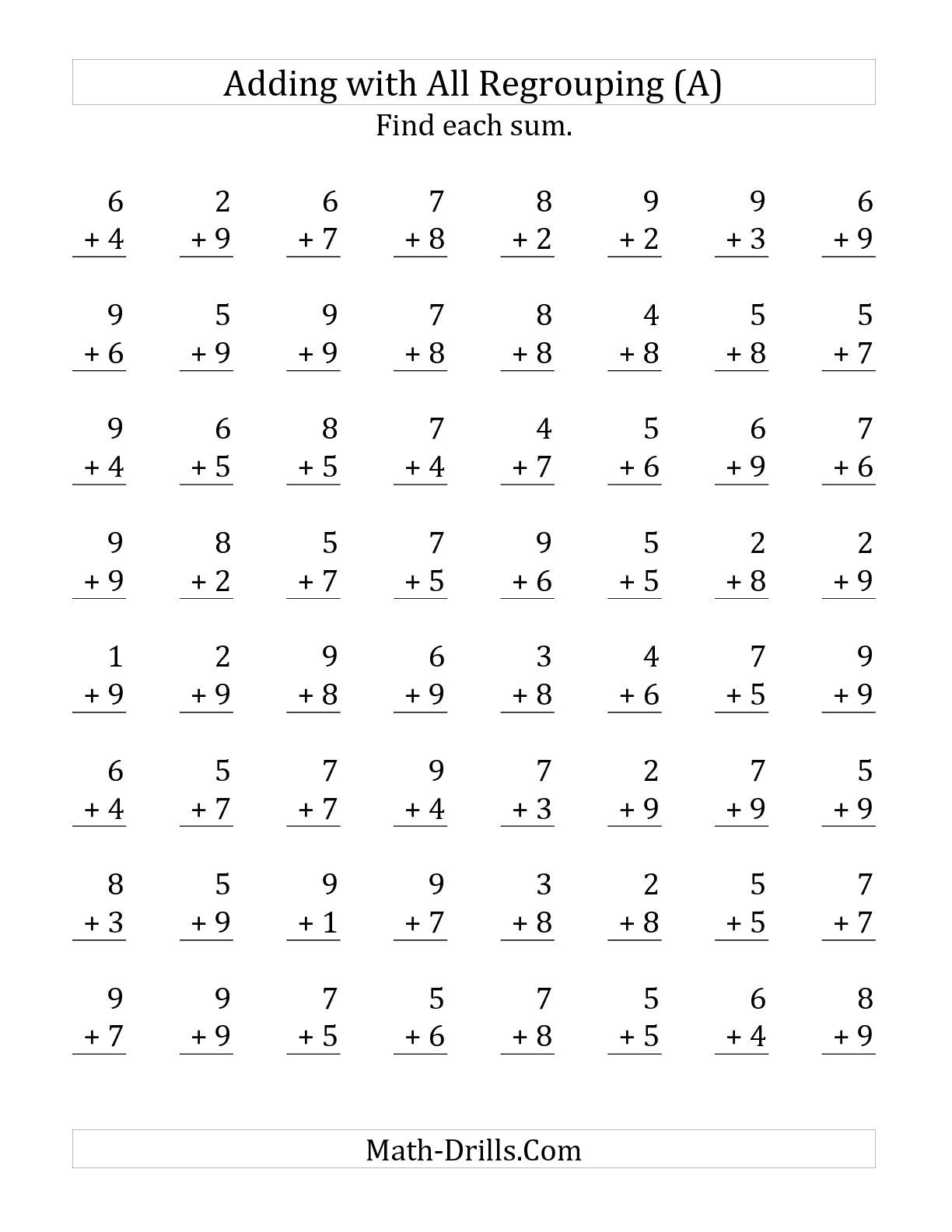 The 64 Single-Digit Addition Questions All With Regrouping intended for Printable Multiplication Test 50 Questions