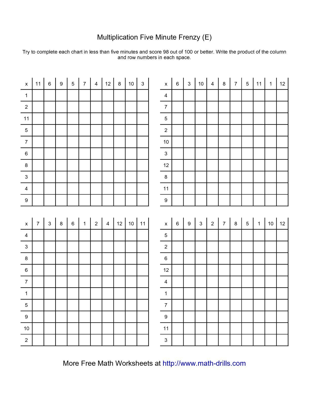 The Five Minute Frenzy -- Four Per Page (E) Math Worksheet throughout Printable 5 Minute Multiplication Drill