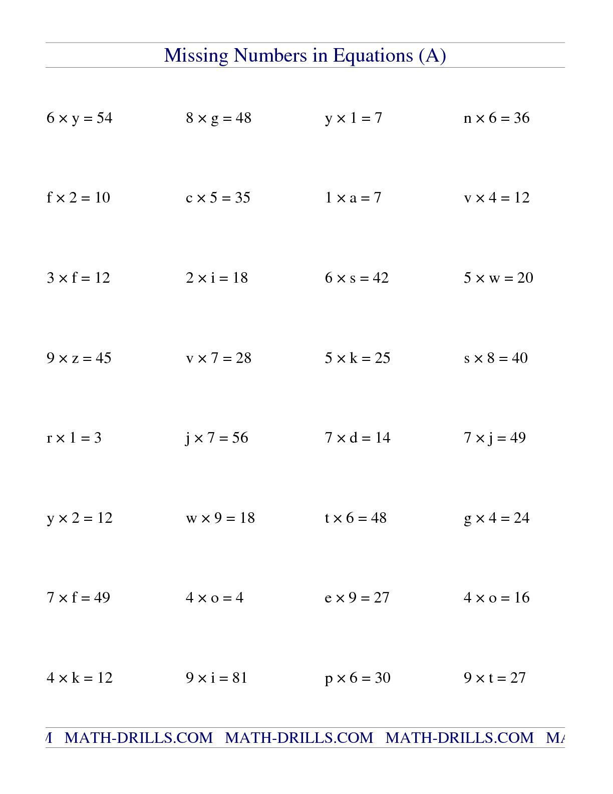 The Missing Numbers In Equations (Variables in Multiplication Worksheets Ks3