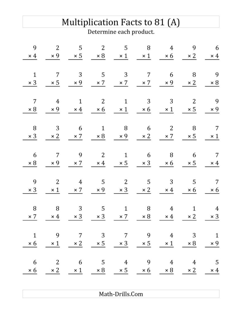The Multiplication Facts To 81 (A) Math Worksheet From The In Printable Multiplication Practice Pages The Multiplication Facts To 81 (A) Math Worksheet From The In Printable Multiplication Practice Pages