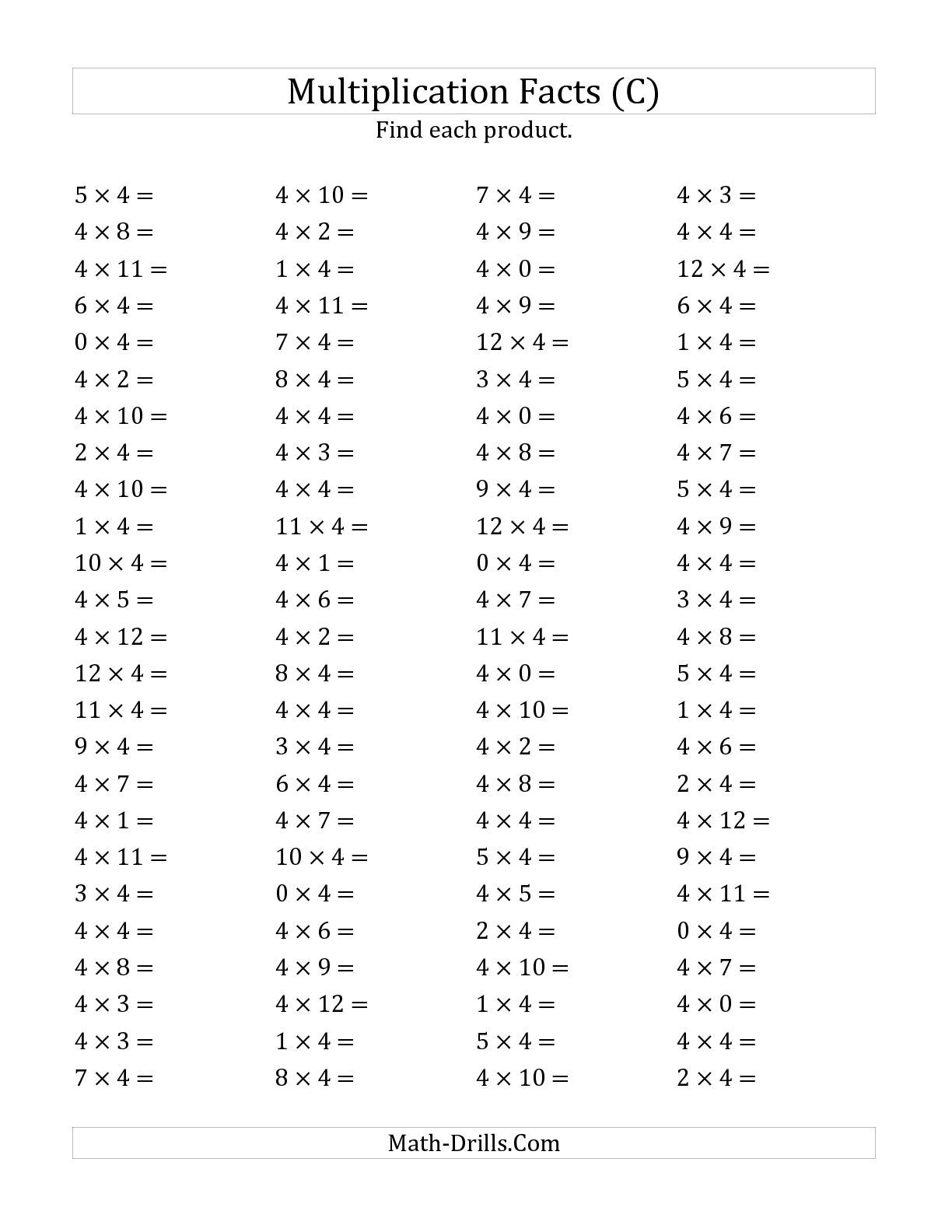 The Multiplying 0 To 124 (C) Math Worksheet From The with regard to Printable Multiplication Worksheets 0-4