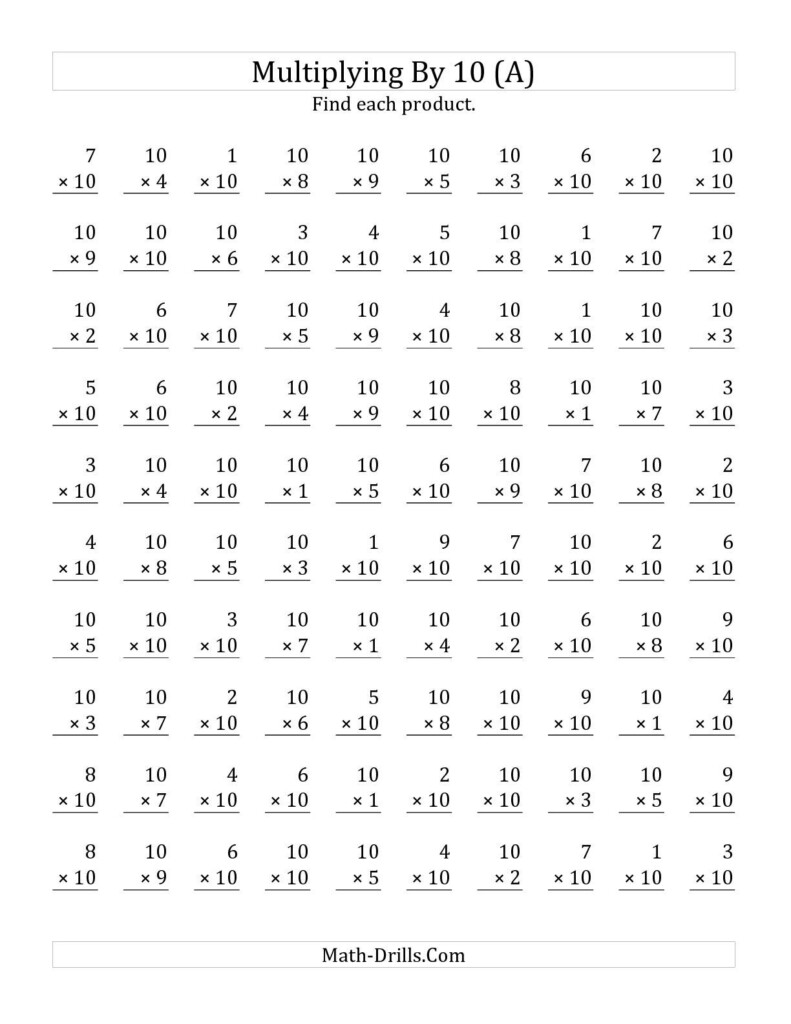 The Multiplying (1 To 10)10 (A) Math Worksheet From The with regard to Printable Multiplication Math Worksheets