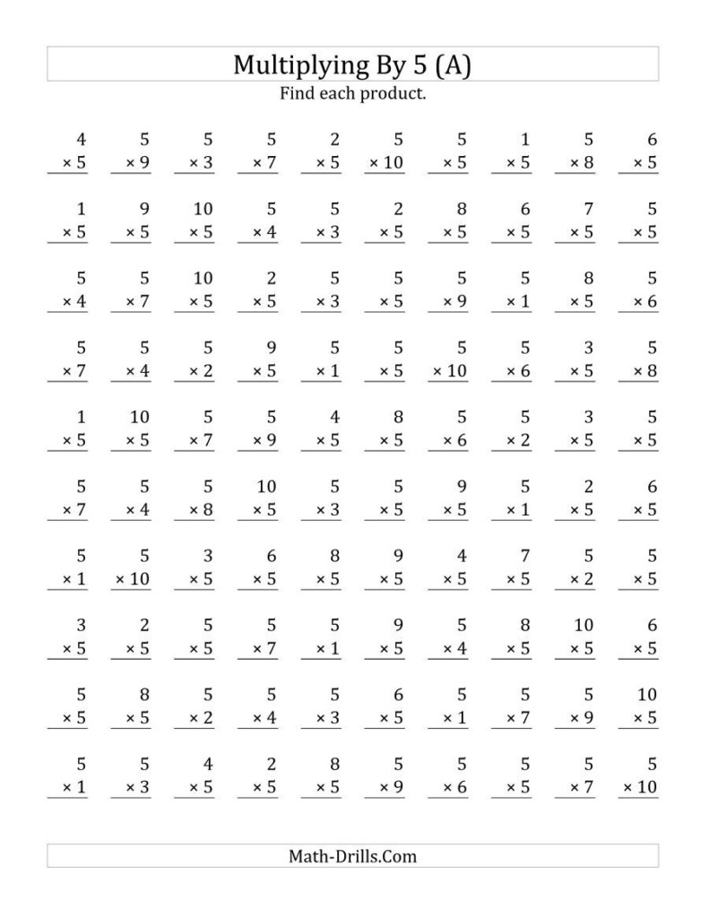 The Multiplying (1 To 10)5 (A) Math Worksheet From The In Multiplication Worksheets 5 And 10