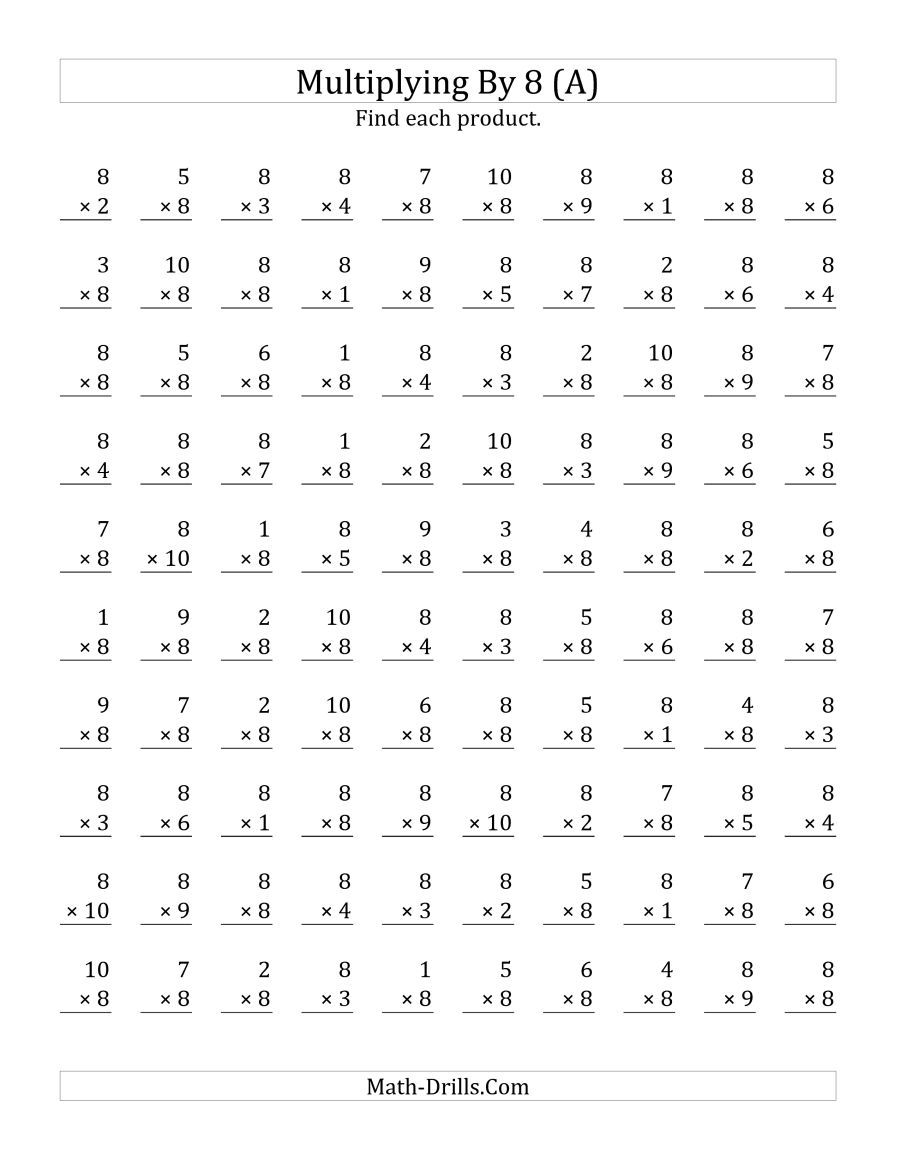 The Multiplying (1 To 10)8 (A) Math Worksheet From The in Worksheets On Multiplication
