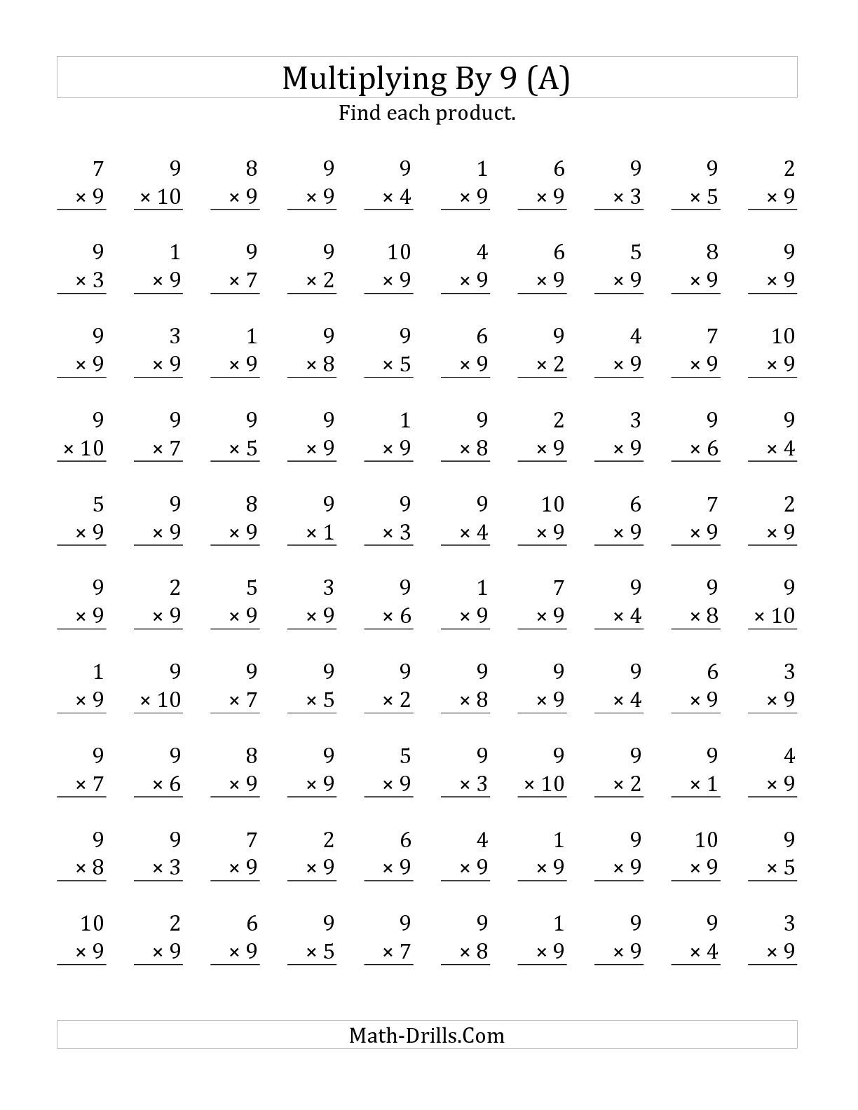 The Multiplying (1 To 10)9 (A) Math Worksheet From The in Printable Multiplication Worksheet 0 And 1