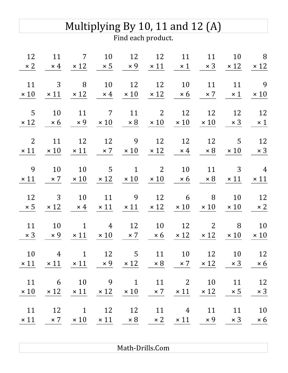 The Multiplying 1 To 1210, 11 And 12 (A) Math Worksheet pertaining to Printable Multiplication By 11