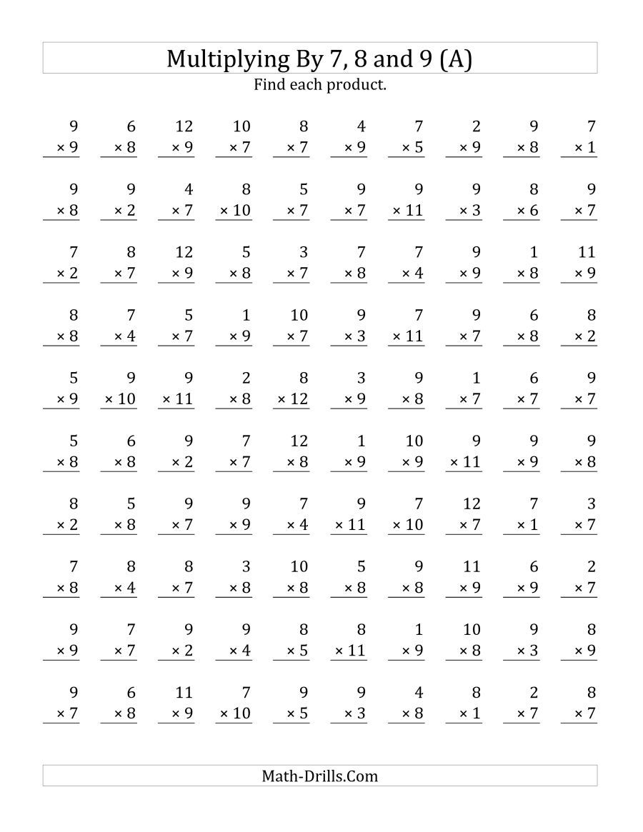 The Multiplying 1 To 127, 8 And 9 (A) Math Worksheet intended for Printable Multiplication Worksheets 7S