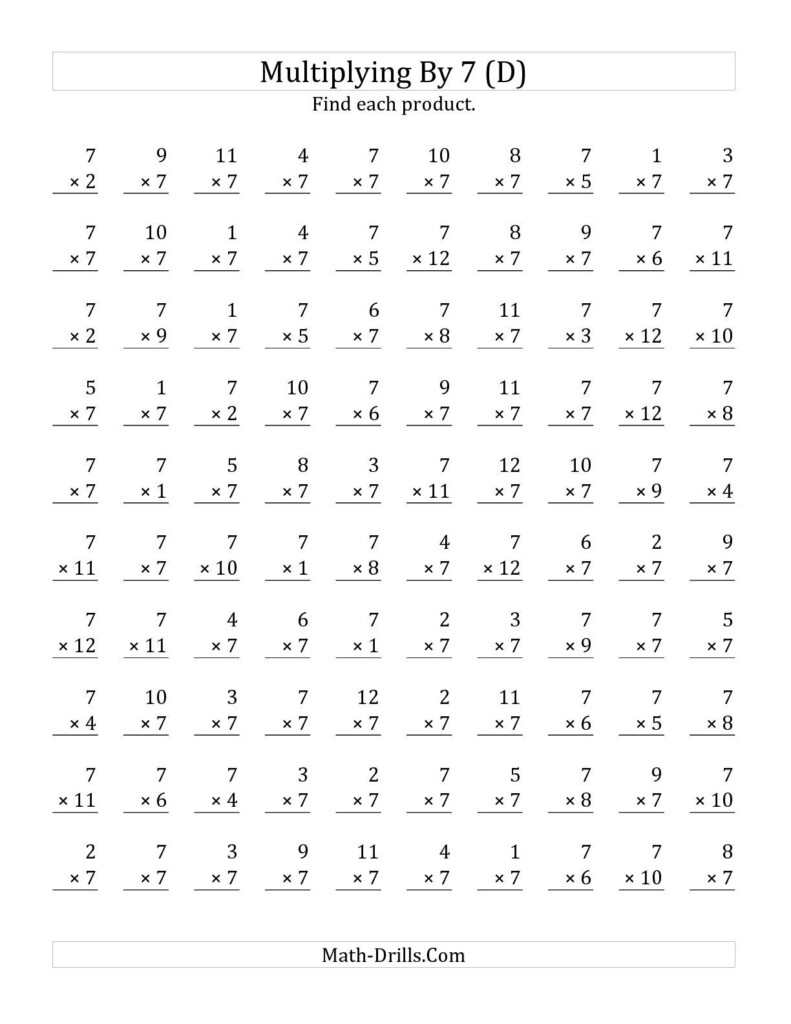 The Multiplying 1 To 127 (D) Math Worksheet From The Pertaining To Multiplication Worksheets X7