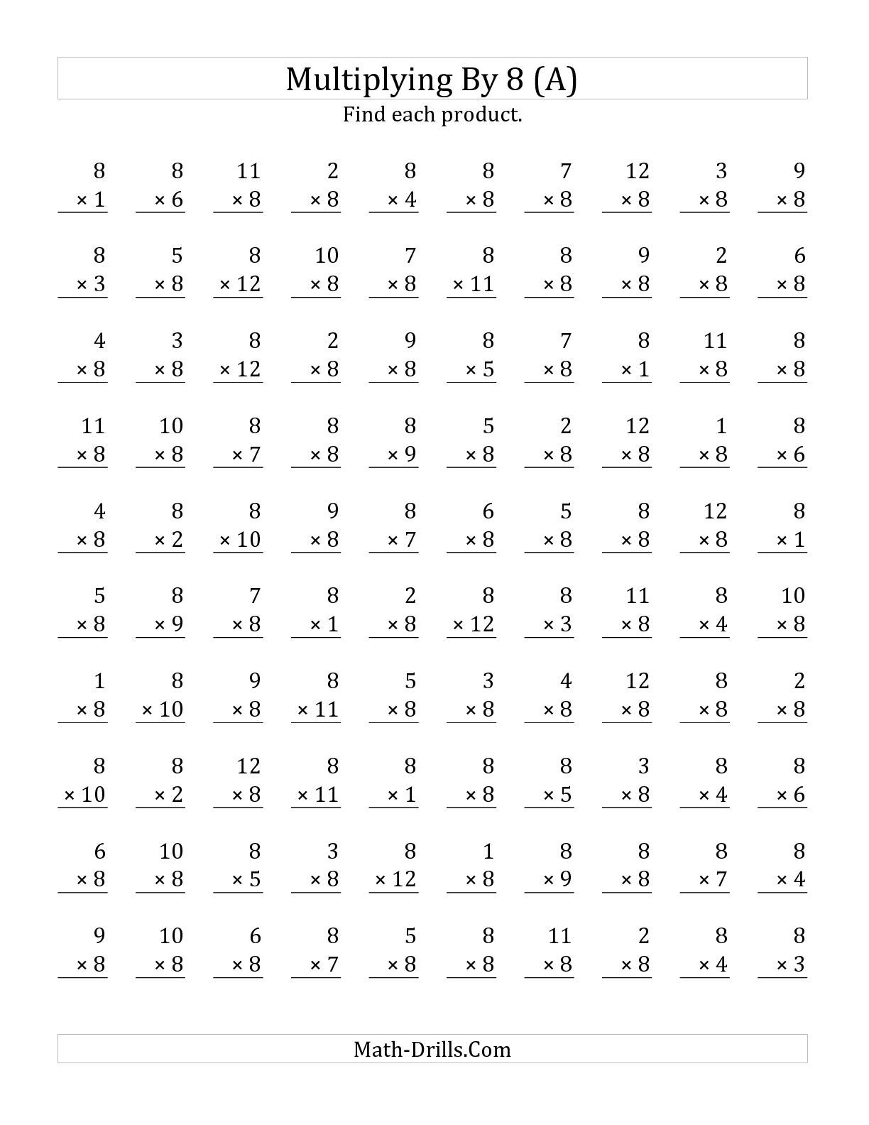 The Multiplying 1 To 128 (A) Math Worksheet From The for Multiplication Worksheets 8 Facts