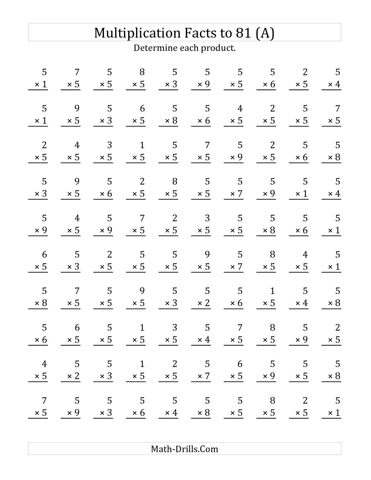 The Multiplying (1 To 9)5 (A) Math Worksheet From The inside Printable Multiplication Drill Worksheets