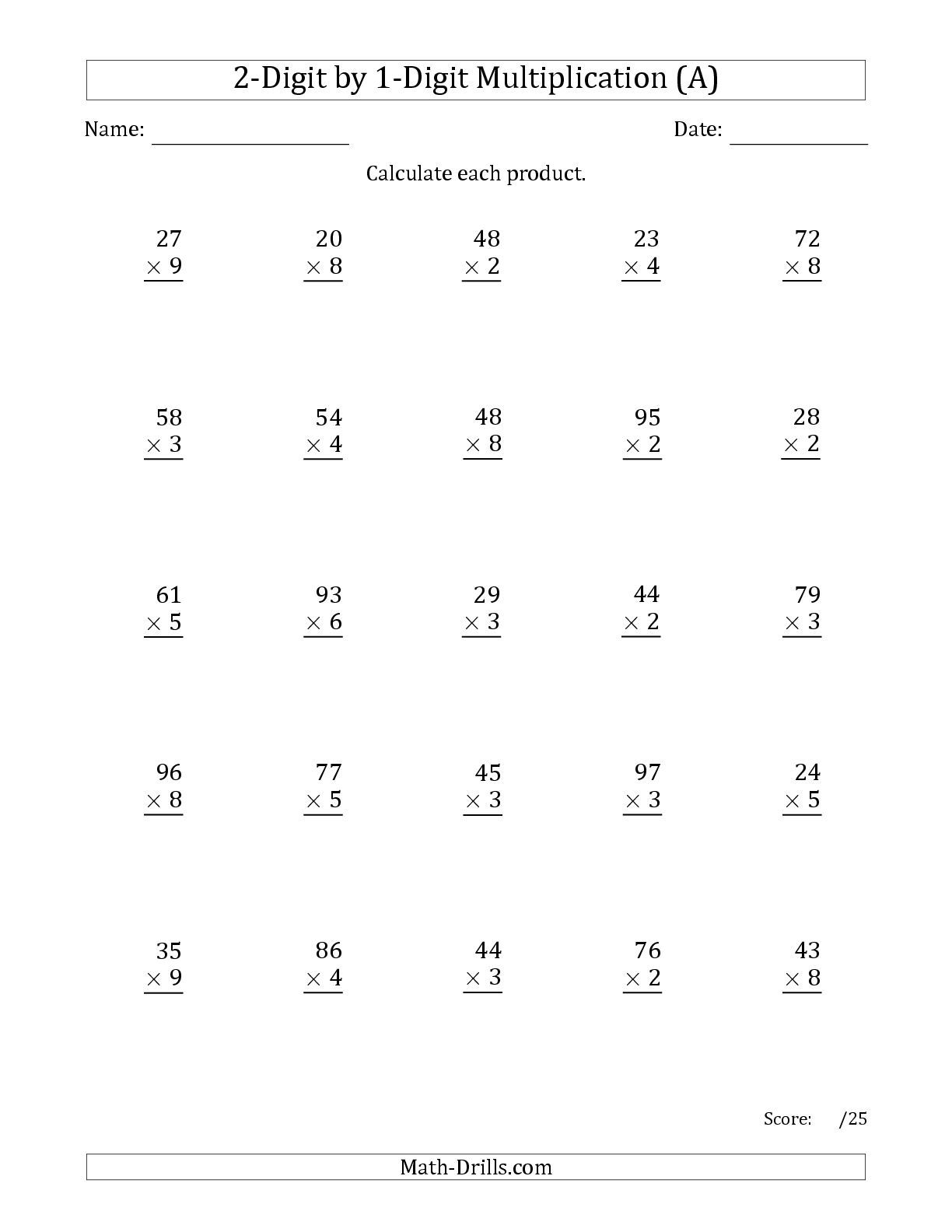 The Multiplying 2-Digit1-Digit Numbers (A) Math for Multiplication Worksheets Ks2