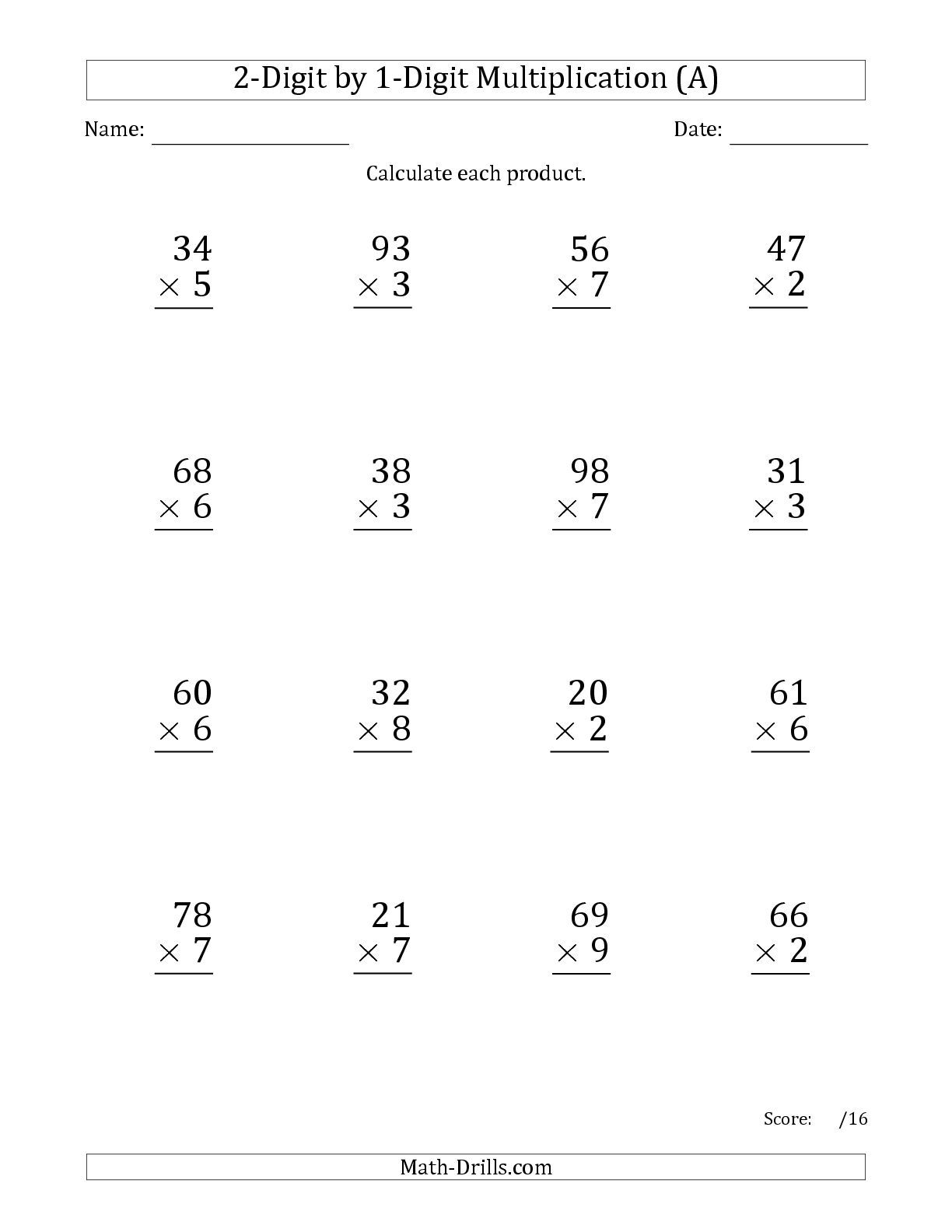 The Multiplying 2-Digit1-Digit Numbers (Large Print) (A throughout Worksheets Multiplication Grade 1