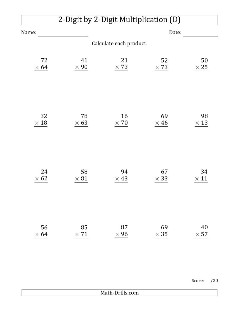 The Multiplying 2 Digit2 Digit Numbers (D) Math For Multiplication Worksheets Of 2