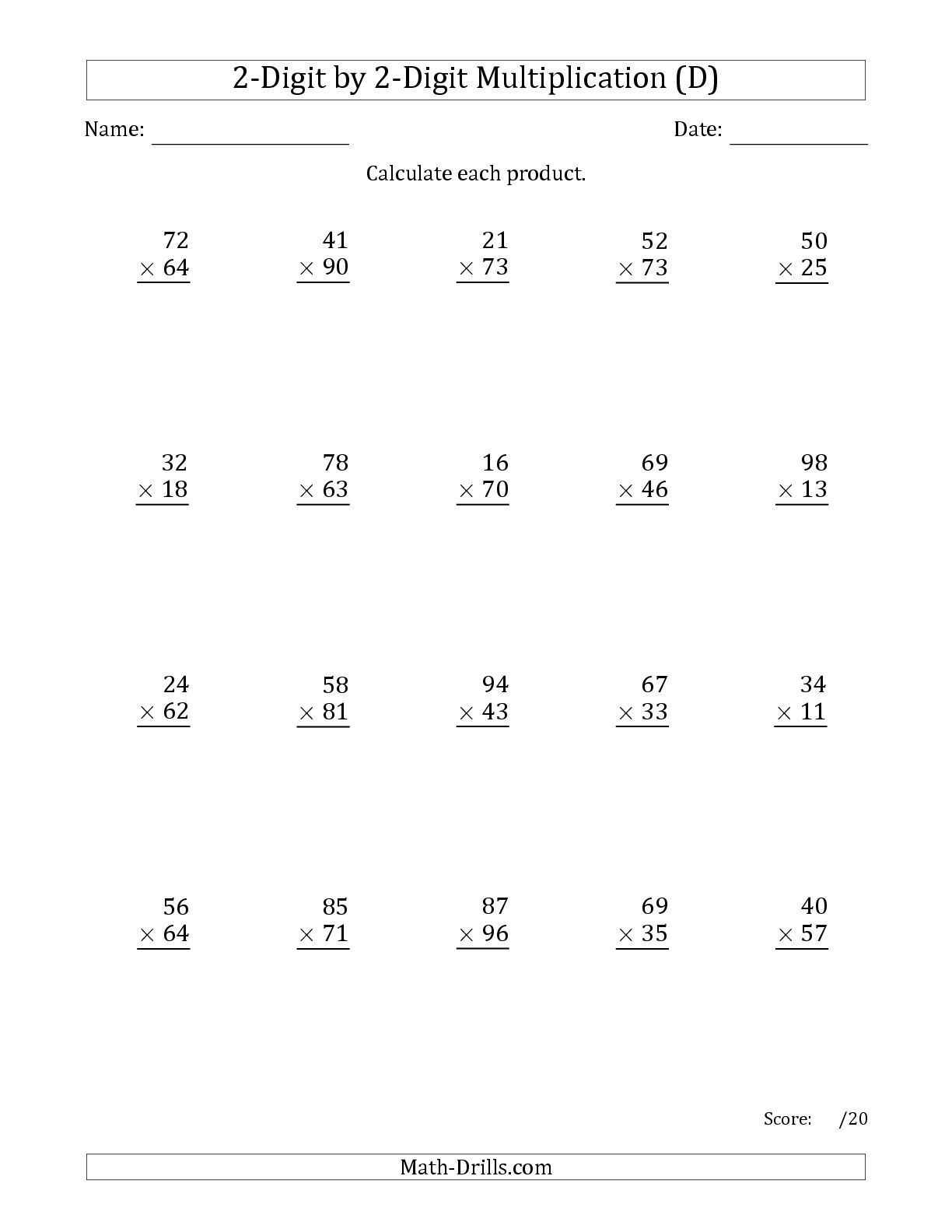 The Multiplying 2-Digit2-Digit Numbers (D) Math for Multiplication Worksheets Of 2