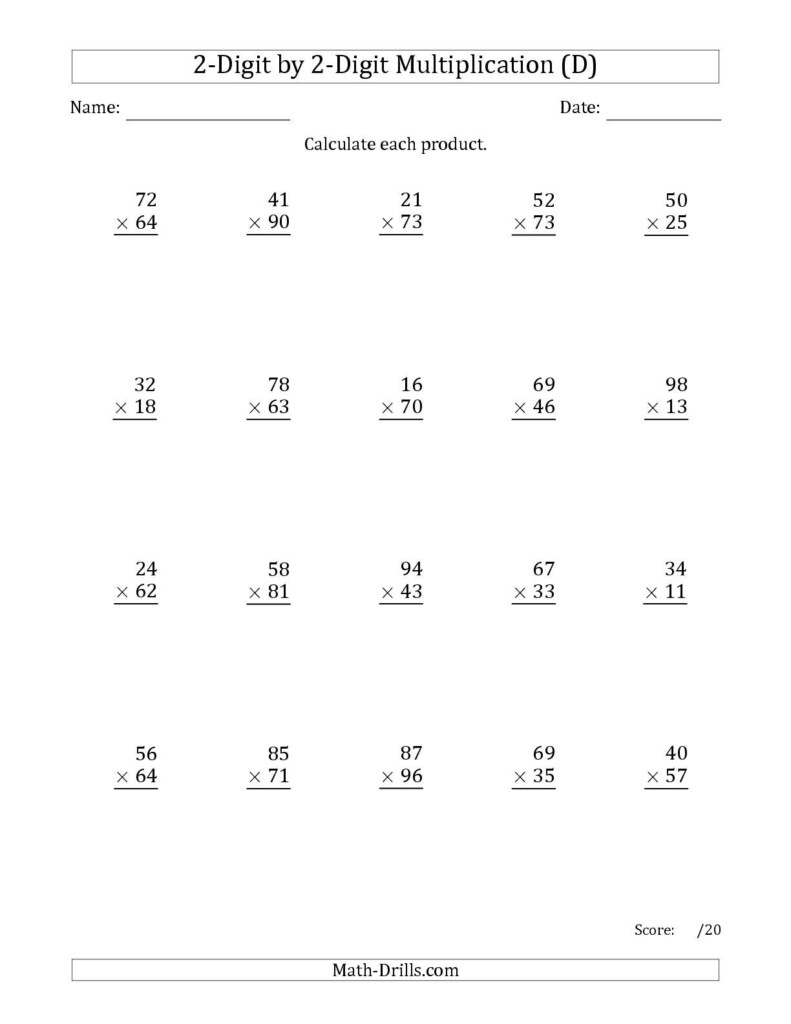 The Multiplying 2-Digit2-Digit Numbers (D) Math with regard to Printable 2 Digit Multiplication