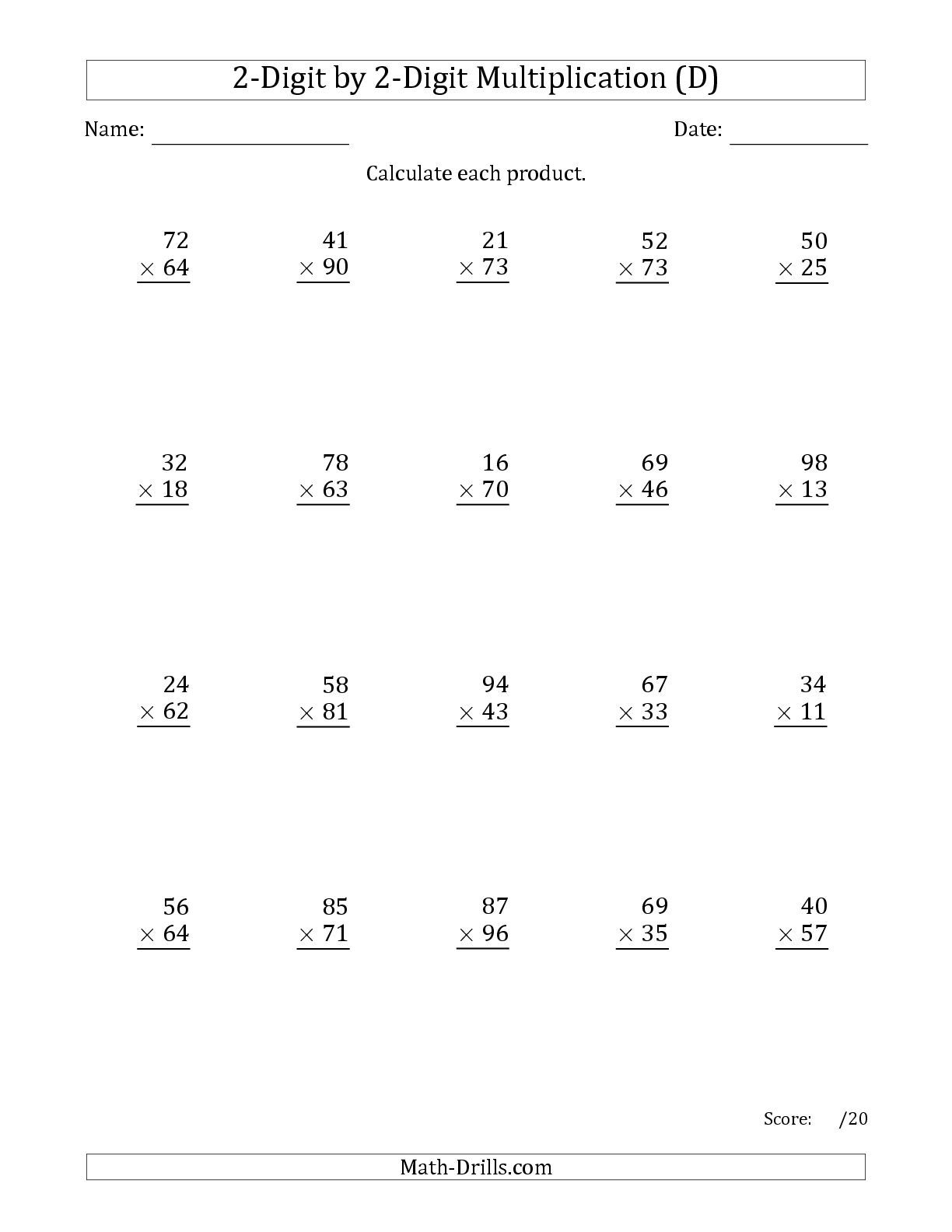 The Multiplying 2-Digit2-Digit Numbers (D) Math with regard to Printable 2 Digit Multiplication