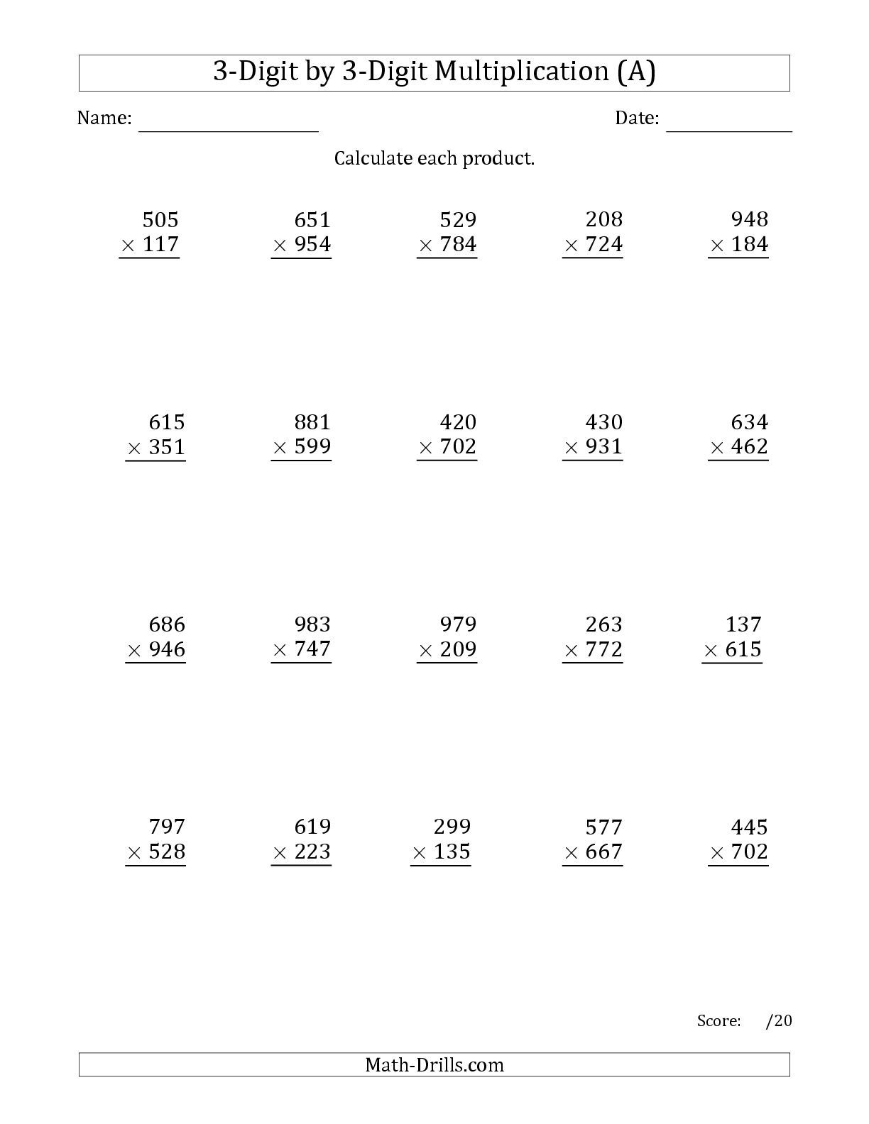 The Multiplying 3-Digit3-Digit Numbers (A) Math with Printable 3 Multiplication Worksheets