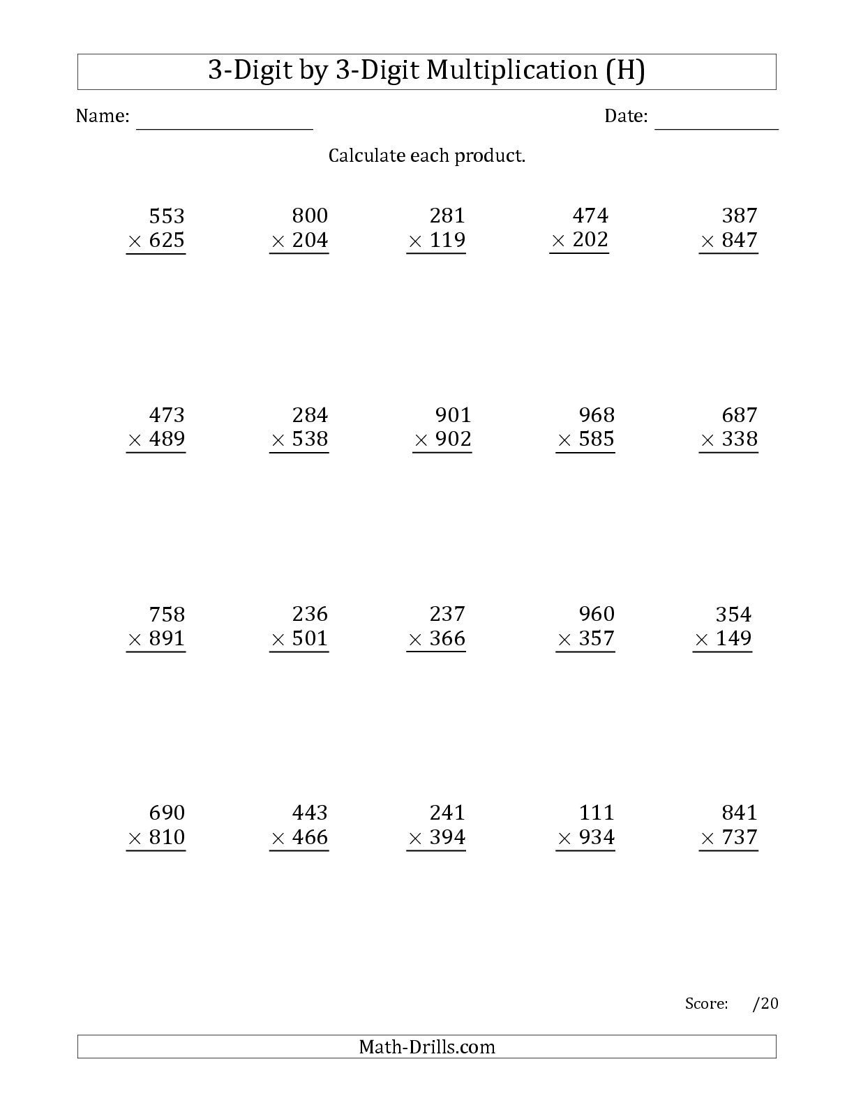 The Multiplying 3-Digit3-Digit Numbers With Comma inside Multiplication Worksheets Advanced