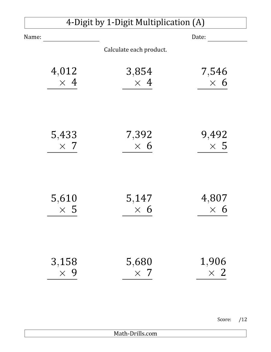The Multiplying 4-Digit1-Digit Numbers (Large Print for Worksheets Long Multiplication