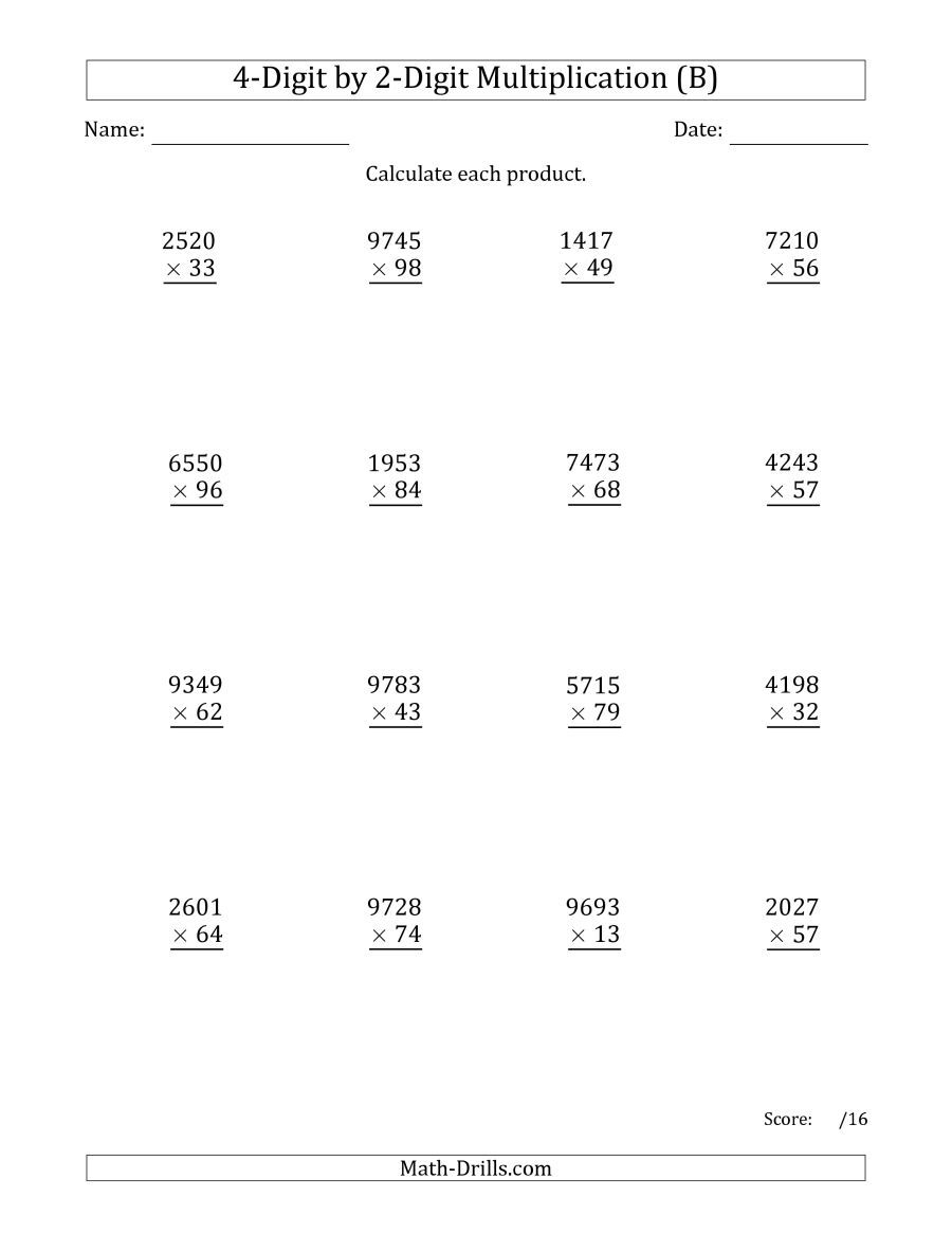 The Multiplying 4-Digit2-Digit Numbers (B) Math in Multiplication Worksheets Multi Digit