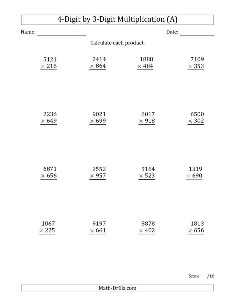 The Multiplying 4 Digit3 Digit Numbers (A) Math For Multiplication Worksheets Number 4