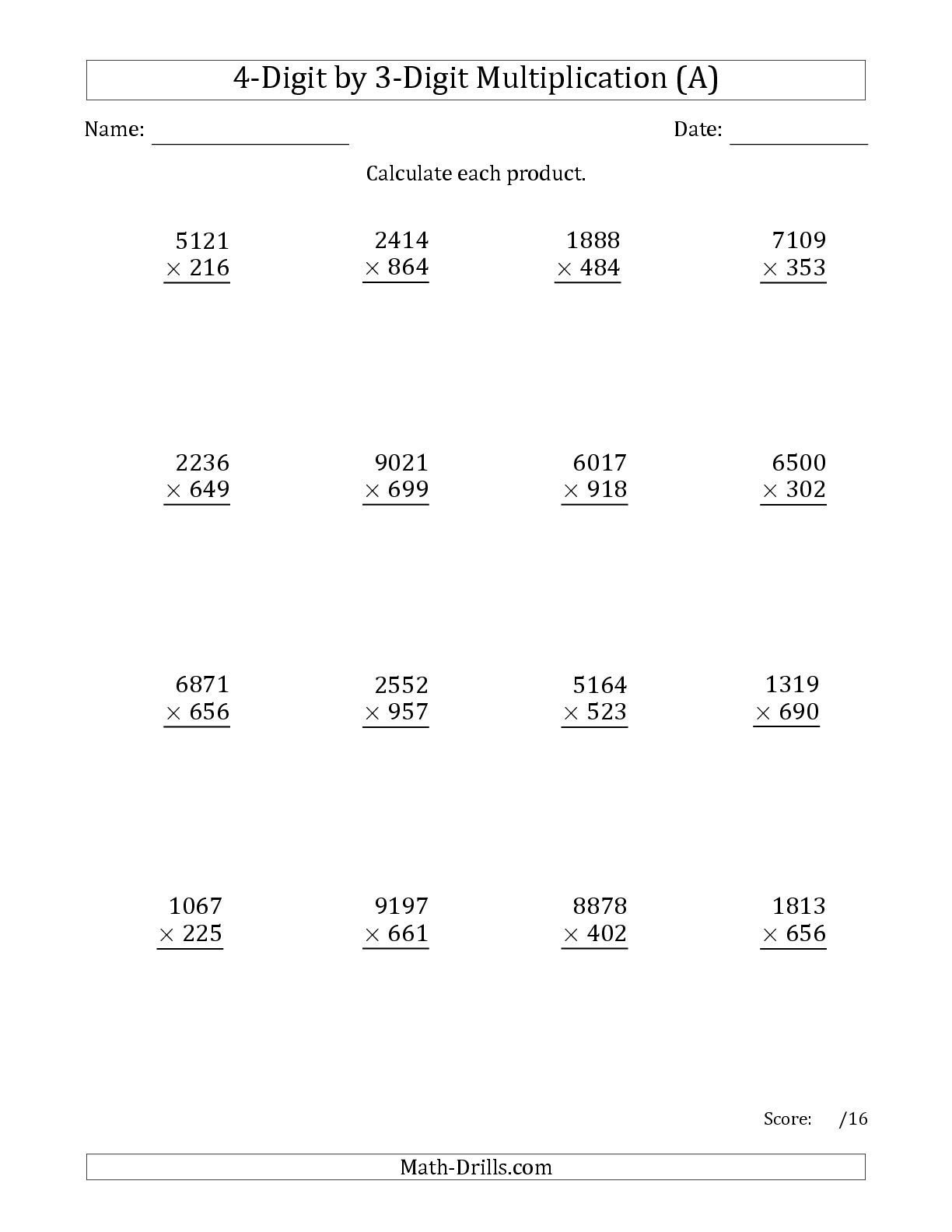 The Multiplying 4-Digit3-Digit Numbers (A) Math in Multiplication Worksheets 5 Digits