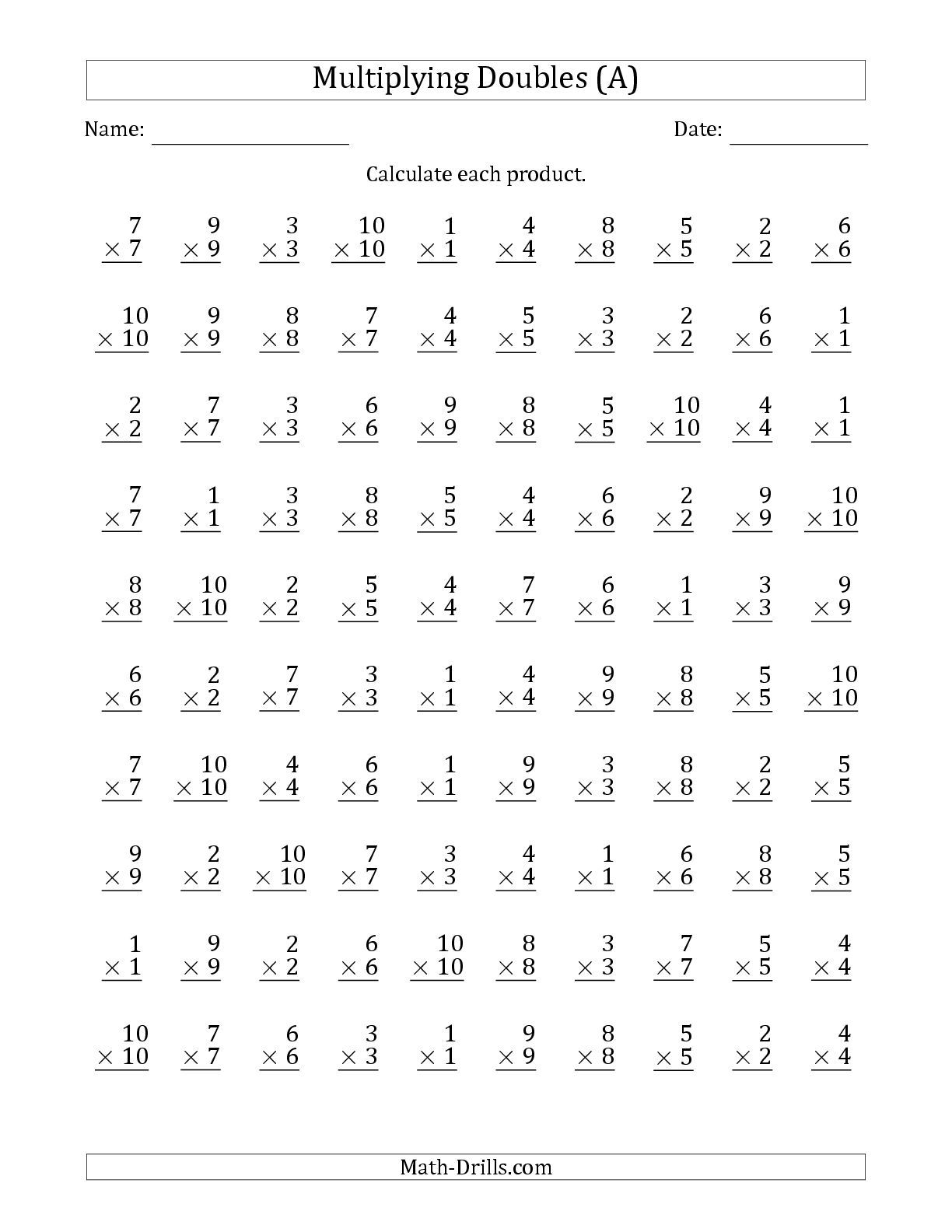 The Multiplying Doubles From 1 To 10 With 100 Questions Per pertaining to Printable Multiplication Practice Test