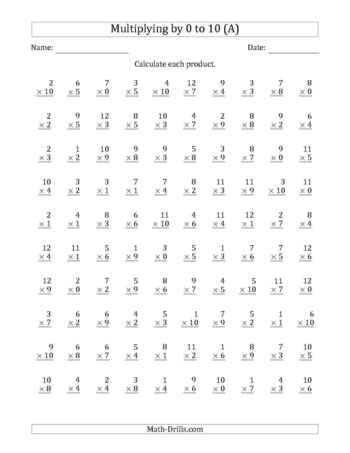 Multiplication Facts 0 12 Printable - Printable World Holiday