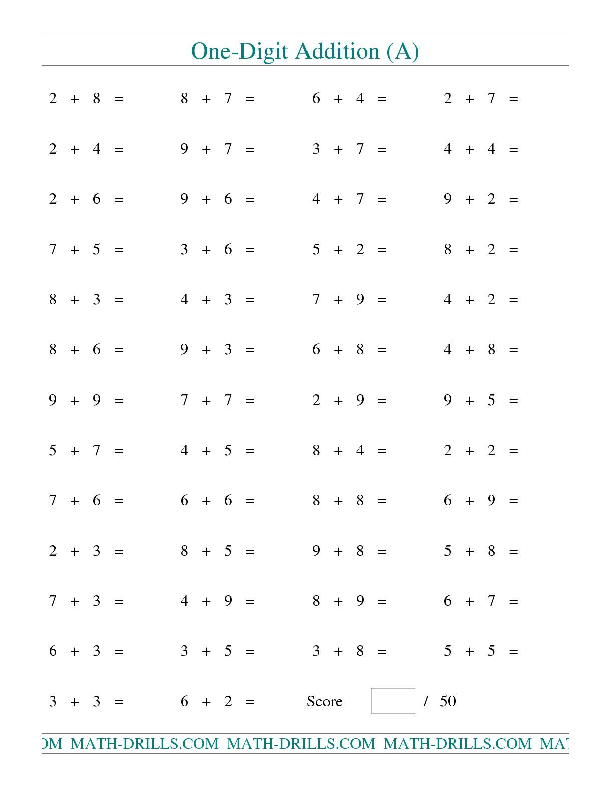 The Single Digit Addition -- 50 Horizontal Questions -- Some throughout Printable 50 Multiplication Facts Test